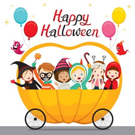 Relaxing Children Sitting On Halloween Pumpkin Cart, Mystery, Holiday, Culture, Halloween, Fantasy, Night Partyのイラスト素材