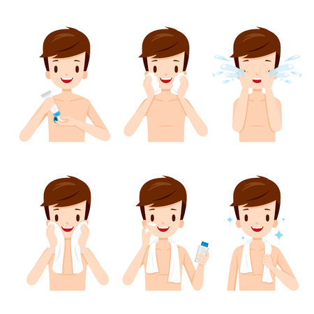 Man Cleaning And Care His Face Set, Facial, Skin, Treatment, Beauty, Cosmetic, Makeup, Healthy, Lifestyle.のイラスト素材