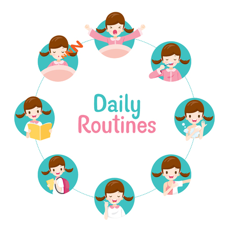 The Daily Routines Of Girl On Circle Chart, People, Activities, Habit, Lifestyle, Leisure, Hobby, Avocationのイラスト素材