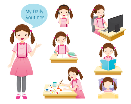 The Daily Routines Of Girl, People, Activities, Habit, Lifestyle, Leisure, Hobby, Avocationのイラスト素材