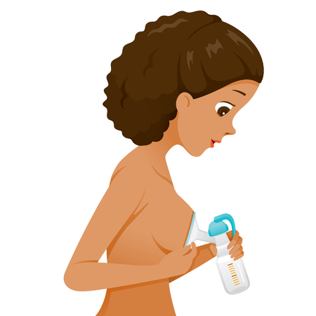 Dark Skin Mother Pumping Her Breast With Manual Breast Pump, Side View, Motherâs day, Suckling, Infant, Motherhood, Innocenceのイラスト素材