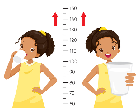 Dark Girl Drinking Milk For Health And Taller. Girl Measuring Her Height, Tall, Healthy, Care, People, Lifestyleのイラスト素材