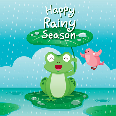 Frog Under Lotus Leaf For Protect In The Rain, Bird Flying Around, Monsoon, Rainy Day, Season, Raindrop, Animal, Relationshipのイラスト素材