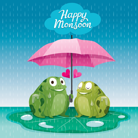 Couple Frogs Under Umbrella Together In The Rain, They Happy Monsoon, Rainy Season, Raindrop, Animal, Relationshipのイラスト素材