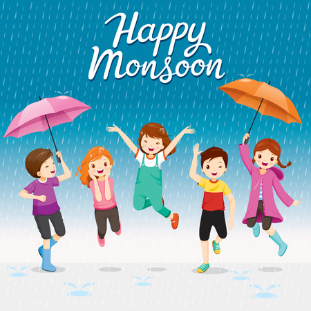 Five Children With Umbrella And Raincoat Jumping In The Rain Playfully, Monsoon, Rainy Day, Season, Raindrop, People, Relationship, Soakedのイラスト素材