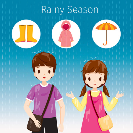 Children Standing Together In The Rain, Their Body Wet, Monsoon, Rainy Day, Season, Raindrop, People, Relationship, Soakedのイラスト素材