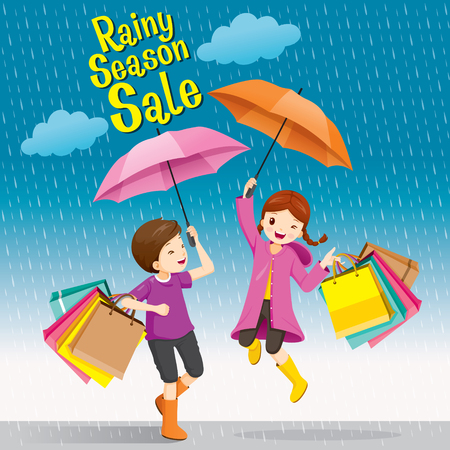 Rainy Season Sale, Boy And Girl Under Umbrella Jumping Playfully With Many Shopping Bags, Monsoon, Raindrop, Peopleのイラスト素材