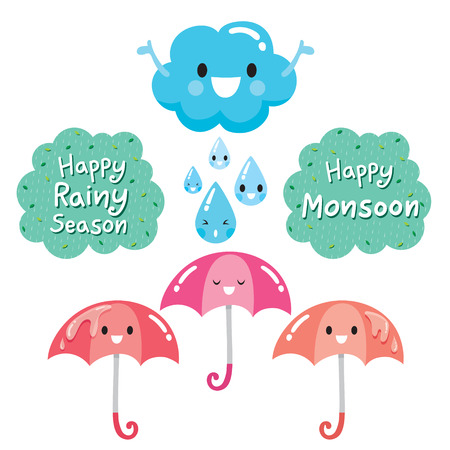 Cartoon Character Of Cloud, Umbrella And Raindrop, Monsoon, Rainy Day, Seasonのイラスト素材
