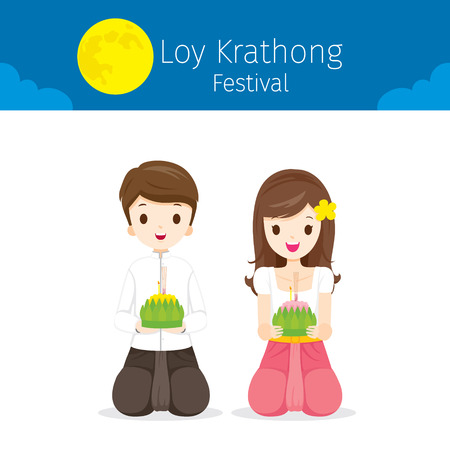 Loy Krathong Festival, Boy and Girl in National Costume Sitting, Celebration and Culture of Thailand, Asia, Feast, Season, Religionのイラスト素材