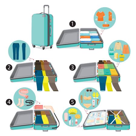 Method To Prepare Clothes And Necessities On Luggage For Travel, Voyage, Vacationingのイラスト素材