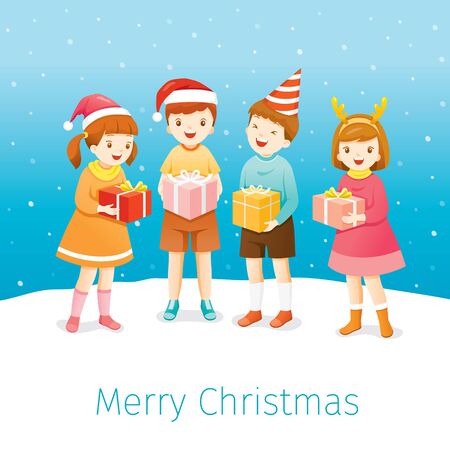 Christmas Celebration, Children Happy With Gifts Box, Standing Together In Snow, Xmas, Happy New Year, Festiveのイラスト素材