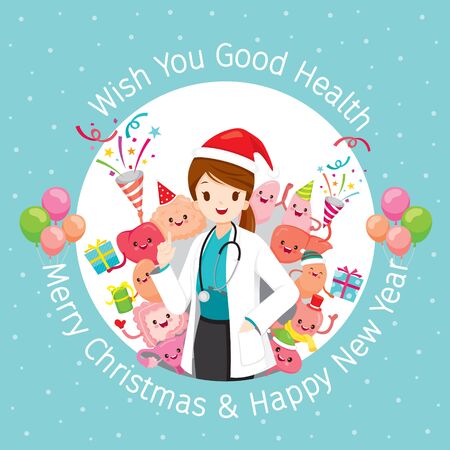 Female Doctor With Human Internal Organs, Christmas Celebration Party, Cartoon Characters Set, Physiology, Structure, Medical Profession, Morphology, Healthyのイラスト素材
