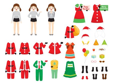 Girl With Christmas Costumes, Accessories Set, Christmas Clothes Elements, Xmas, Happy New Year, Clothing, Animals, Festive, Celebrationsのイラスト素材