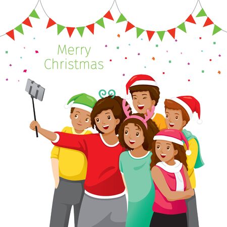 Happy Group Of Black Adolescent Taking Selfie Photo On Smartphone Together, Christmas Celebration, Merry Christmas, Xmas, Happy New Year, Objects, Festiveのイラスト素材