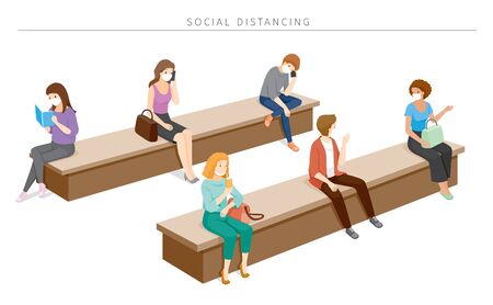 Social Distancing Concept, People Wearing Surgical Masks Sitting With Distance, Protection For Coronavirus Disease, Covid-19, Lifestyle, Leisure, Hobbyのイラスト素材