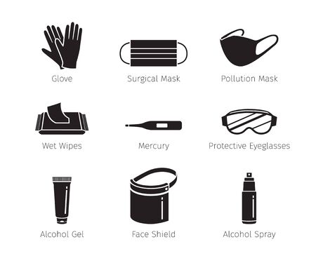 Set Of Protective Equipments For Coronavirus, Covid-19, Objects, Icons, Protection Oneself From Disease, Monochrome, Appliance, Accessories, Healthyのイラスト素材