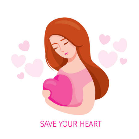 Woman Embracing Heart Shape And Taking Care Of Heart Shape With Tendernessのイラスト素材
