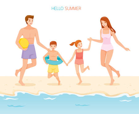 Parent And Children Wearing Swimwear Running And Holding Hands Together To Seaのイラスト素材