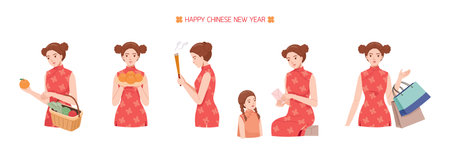Woman With Activities On Chinese New Year, Praying, Shopping, Traveling, Paying Ang Paoのイラスト素材
