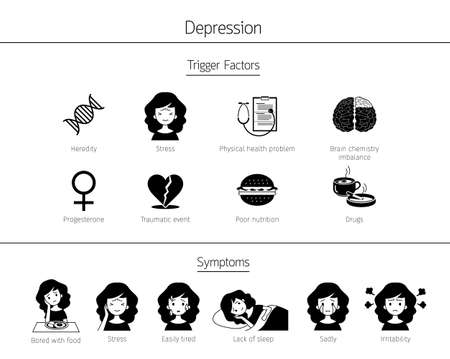 Infographic Of Depression Trigger Factors And Symptoms In Monochromeのイラスト素材