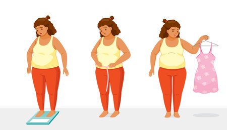 The Overweight Black Woman, Weighing Herself On Weighing Scale, Measuring Her Waist With Tape Measureのイラスト素材