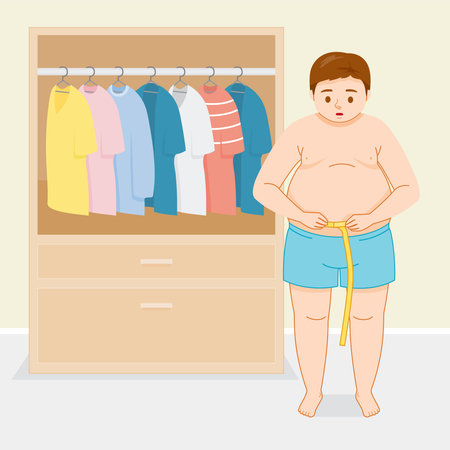 The Overweight Man, Shirtless, Measuring His Waist With Tape Measureのイラスト素材