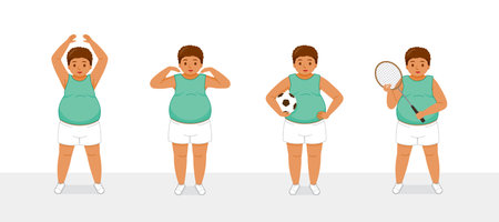 Set Of Black Fat Man Exercising With Different Actionsのイラスト素材