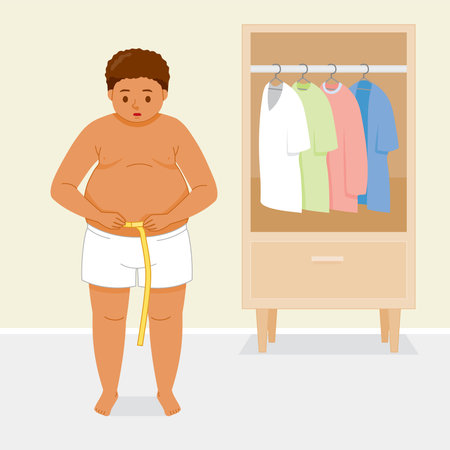 The Overweight Black Fat Man, Shirtless, Measuring His Waist With Tape Measureのイラスト素材