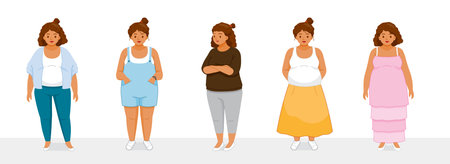Set Of Black Fat Woman Wearing Variety Of Clothesのイラスト素材
