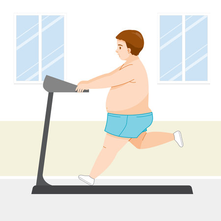 The Overweight Man, Shirtless, Big Belly, Running On Treadmillのイラスト素材