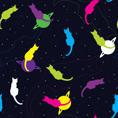 seamless space background with cats, Saturn and starsのイラスト素材