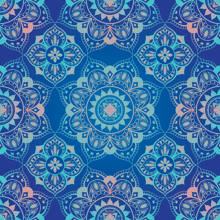 bright, seamless, blue, vector background with ornament of mandalas.のイラスト素材