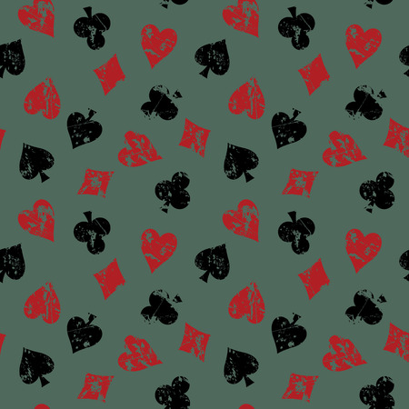 Vintage, seamless, vector background with suits of playing cards. old shabby cloth with a pattern of club, diamond, spade, heart.のイラスト素材