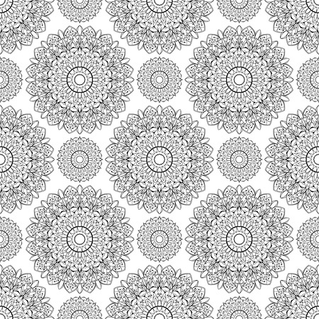 Vector, seamless pattern of mandalas. Oriental ornament of black elements on a white background. Folk tracery for wallpaper.のイラスト素材