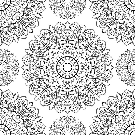 Vector, seamless, pattern of mosaic. Oriental ornament of black elements on a white background. Decoration for facade. Folk tracery for wallpaper.のイラスト素材