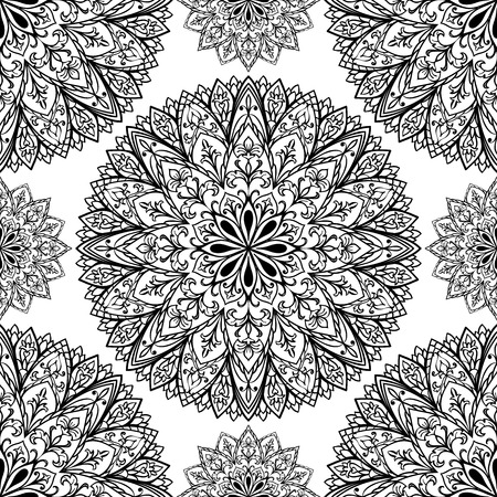 Vector seamless ethnic pattern. Floral pattern of black lines on a white background. Template for the fabric. Print tile.のイラスト素材