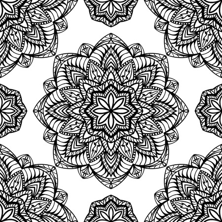 Seamless, symmetrical black pattern on a white background. Oriental ornament of mandalas.のイラスト素材