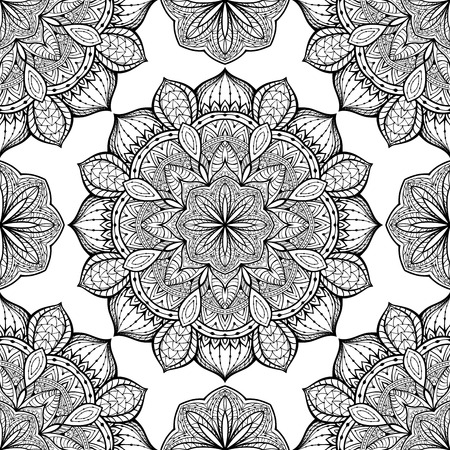 Stylized, oriental ornament with black border. Seamless, vector, ornate pattern with mandalas. Template for any surface.のイラスト素材