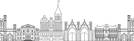 Seamless pattern with architectural monuments of Kaliningrad. Vector, contour, building on a white background. Template for any surface.のイラスト素材