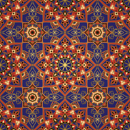 Oriental bright ornament with gold contours. Seamless vector ornate background. Pattern of mandalas in red and blue color. Colorful template for fabric.のイラスト素材
