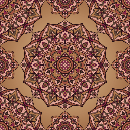 Seamless vector vintage background. Oriental ornament of mandalas. Medieval colorful pattern of circular elements. Template for the carpet.のイラスト素材