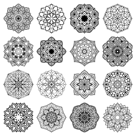 Set of mandalas. Collection of stylized stars and snowflakes. Vector round ethnic ornaments. Template for embroidery.  Sketches for henna tattoo. Simple design elements.のイラスト素材
