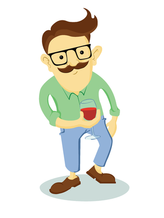 Hipster with a glass of wine in hand. Fashionable man with a mustache. Cartoon guy isolated on a white background.のイラスト素材