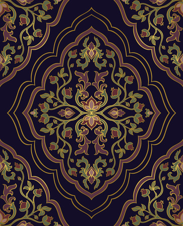 Colorful, floral ornament. Template for oriental carpets, textiles, shawl and any surface. Seamless vector pattern of gold contours on a blue background.のイラスト素材