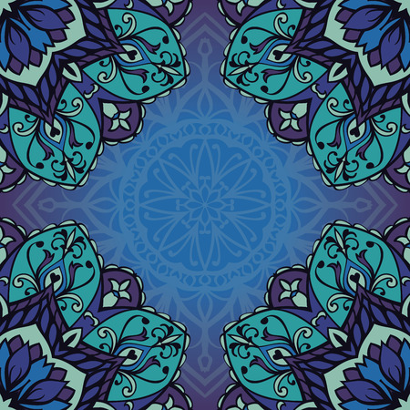 Floral, eastern, filigree pattern of mandalas on a indigo background. Vector elegance ornament. Stylized template for carpet, shawl, cover, veil, wallpaper, cushion.のイラスト素材