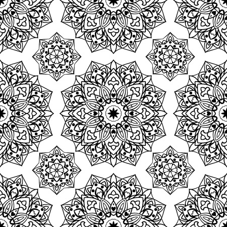 Vector seamless black and white pattern. Oriental ornament of mandalas.のイラスト素材