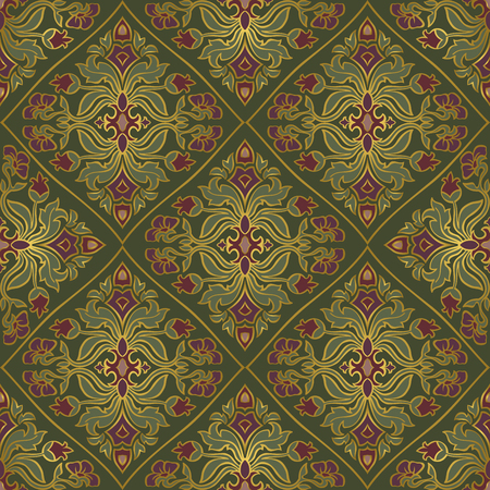 Oriental, floral ornament with damask. Templates for carpet, textile, wallpaper, bedcover and any surface. Seamless vector pattern of gold contours on a green background.のイラスト素材