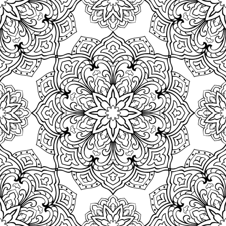 Seamless pattern of abstract mandala on a white background. Oriental ornament. Template for carpet, shawl, wallpaper, embroidery.のイラスト素材