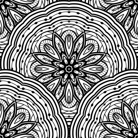 Vector seamless pattern of mandalas. Ornament of round decorative elements. Ethnic background with stylized abstract plates. Template for curtain, textile, linen, carpet.のイラスト素材