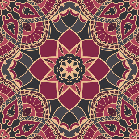 Oriental seamless pattern of mandalas. Vector burgundy background. Template for textile, carpet, wallpaper, stained glass, shawls.のイラスト素材